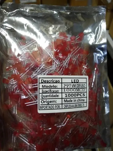 100 Peças - Led Retangular 2x5x7 Difuso Vermelho Promoção