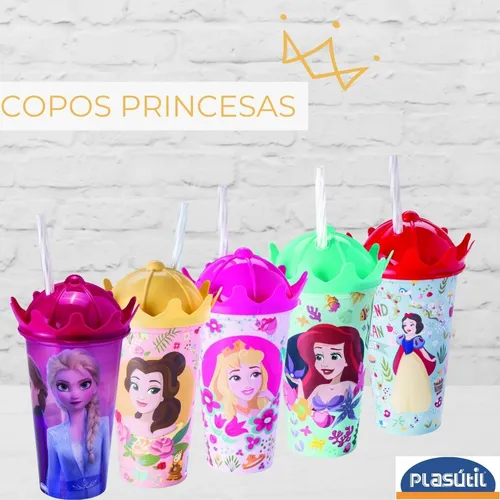 Caneca Com Canudo e Tampa Coroa Princesas 360 ml 13512 Plasutil em