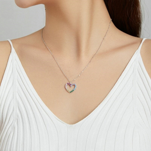 Collar De Plata S925 Con Circones Arcoíris Diseño Corazón