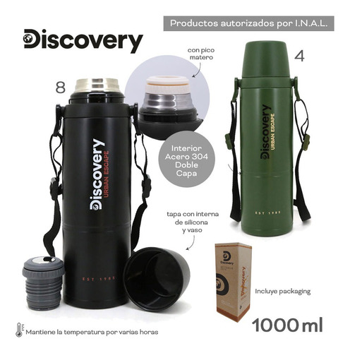 Termo Discovery Inox Con Correa, Tapa Vaso Y Pico Cebador Negro