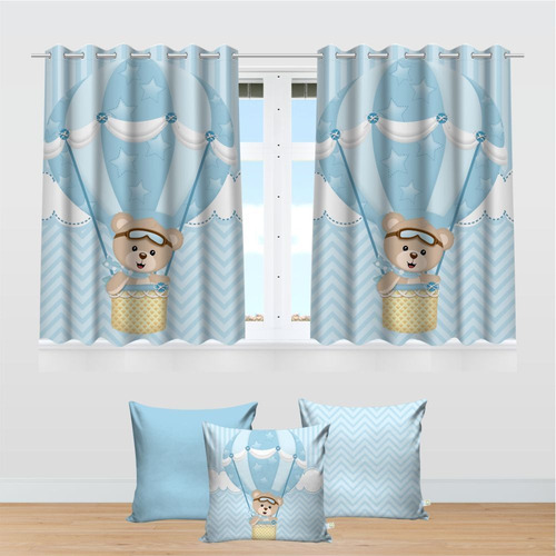 Imagem 2 de 10 de Kit Cortina Infantil Ursinho Baloeiro Md1 + 3 Capas Almofada