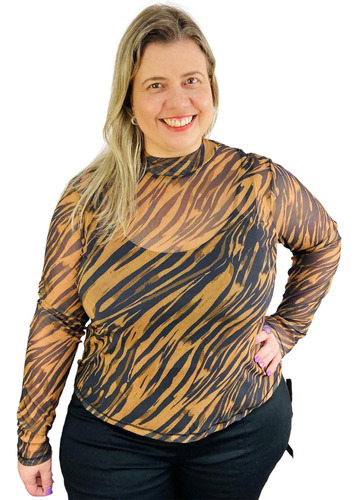 Blusa Manga Longa Sobreposição Animal Print Plus Size