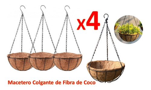 Pack 4 Maceta Colgante Fibra De Coco Hierro Macetero Plantas