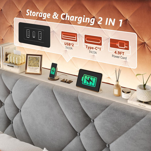 Base De Cama King Size Cajones Luz Led Gris Enhomme