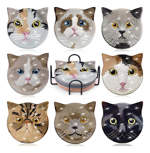 Pintura Por Diamante Kit  8 Posavasos  - Gatos