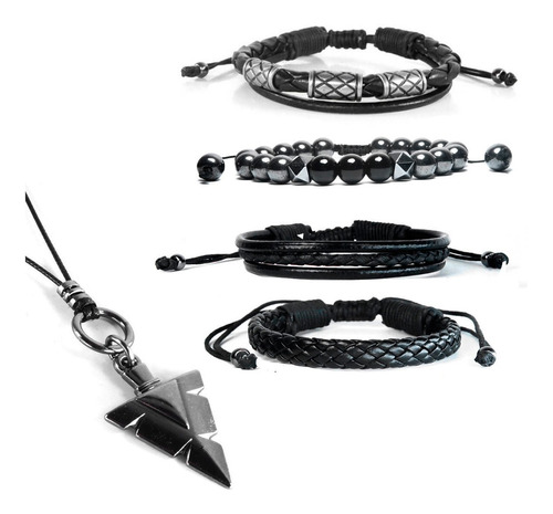 Pulseiras De Couro Masculinas Kit /04 + Colar Tribal