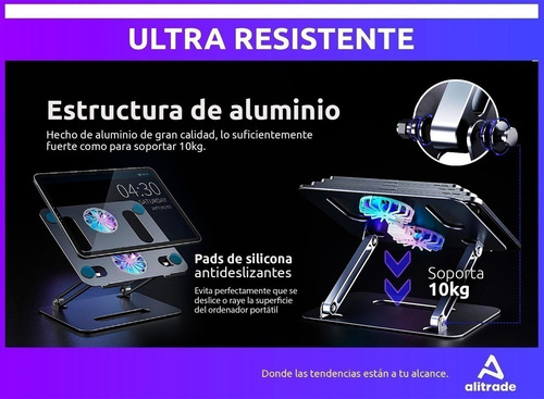 Imagen 5 de 10 de Soporte Notebook Tablet Aluminio Doble Ventilacion Regulable