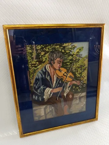 Cuadro Antiguo Italy Bordado De Punto Gobelino El Violinista (Usado)