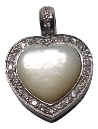 Dije Corazón Madre Perla Y Diamantes Oro Blanco 14 Kilates 