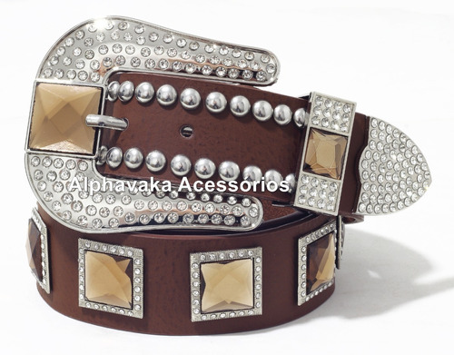 Cinto Country Feminino Marrom Pedras Strass 