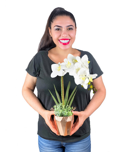 Arranjo Orquídeas Branco Vaso Dourado Ouro Artificiais Casa