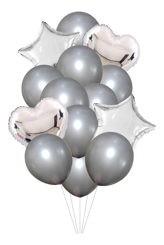 Set 14 Globos Metalizados Cumpleaños Estrella Corazón Plata