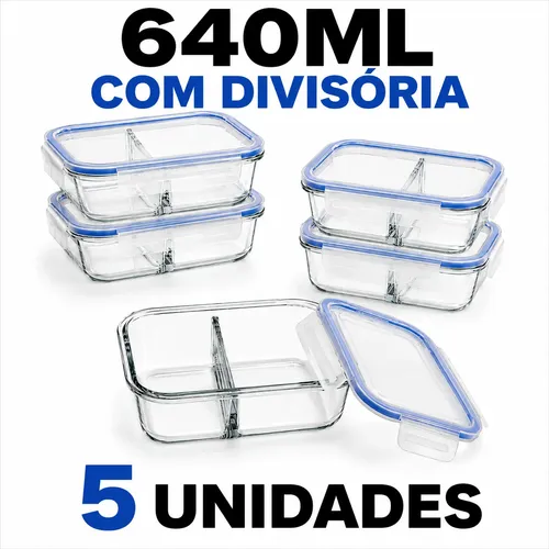 Conjunto 5 Potes Hermético Vidro 640ml C/ Divisória ﻿Marmita Transparente