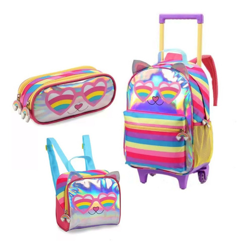 Kit Mochila Escolar Infantil Menina Gatinha Com Rodinhas