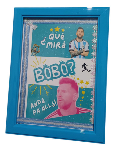 Messi Cuadrito Marco Pvc Con Vidrio Frontal Color Azul. Celeste