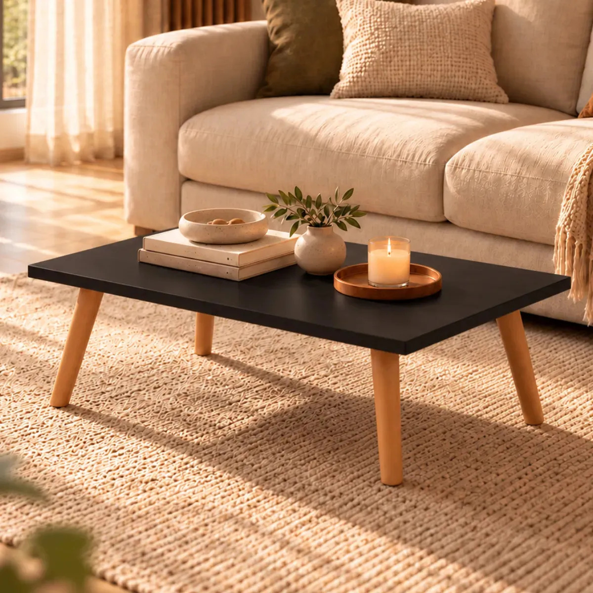 Mesa De Centro Retangular Grande Preta Sala De Estar Mesa Centro Moderna 65x45 Com Pés De Madeira Maciça