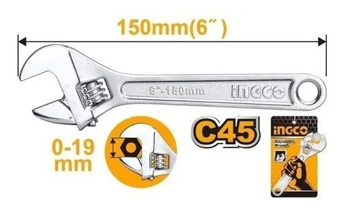Llave Francesa Ajustable 6puLG Ingco Hadw131062
