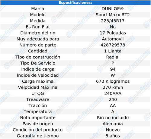 225/45r17 Llanta Dunlop Sp Sport Maxx Rt2