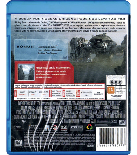 Blu-ray Prometheus - De Ridley Scott - Original Novo Lacrado
