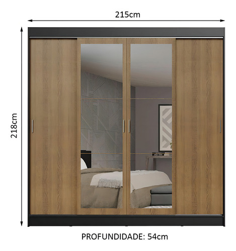 Guarda-roupa Casal Madesa Austin 4 Portas C Espelhos 3 Gav P Cor Preto/Rustic
