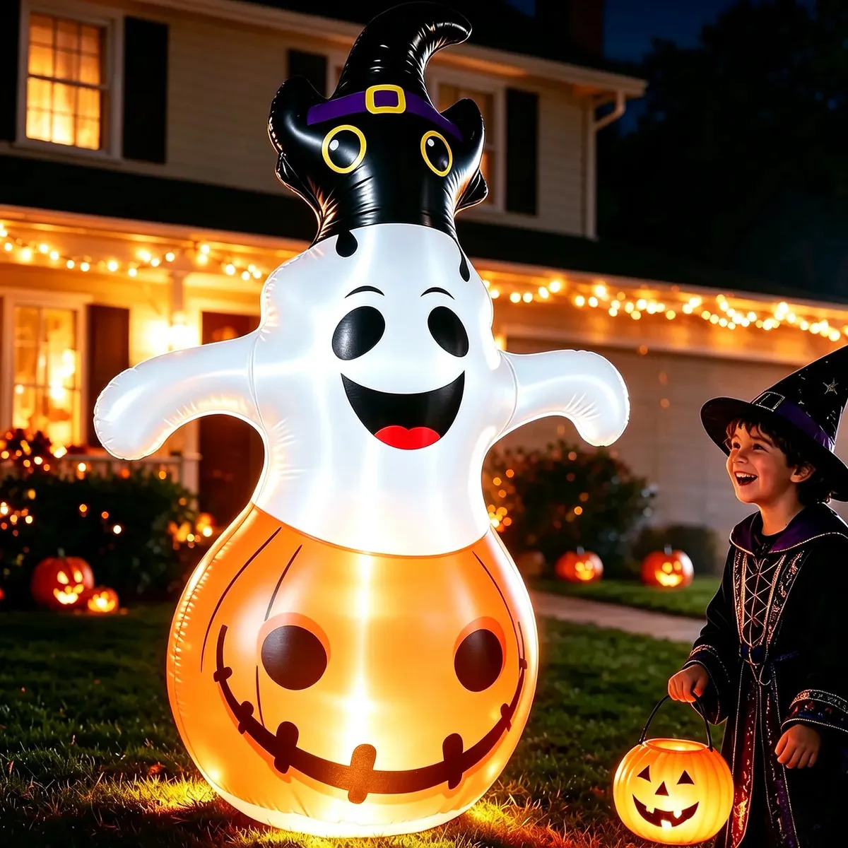 Halloween Inflables Decoracion 1.5m Fivina Munecos Calabaza Navideños Con Luces de Halloween Apto Para Jardines Domésticos, Céspedes, Salones Y Fiestas Temáticas De Halloween.Munec