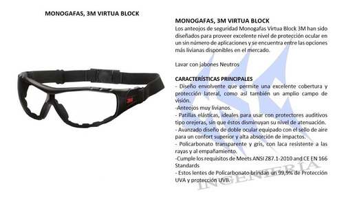 Imagen 2 de 10 de Gafa 3m Virtua Block (monogafa Antiempaño) (claras/oscuras)