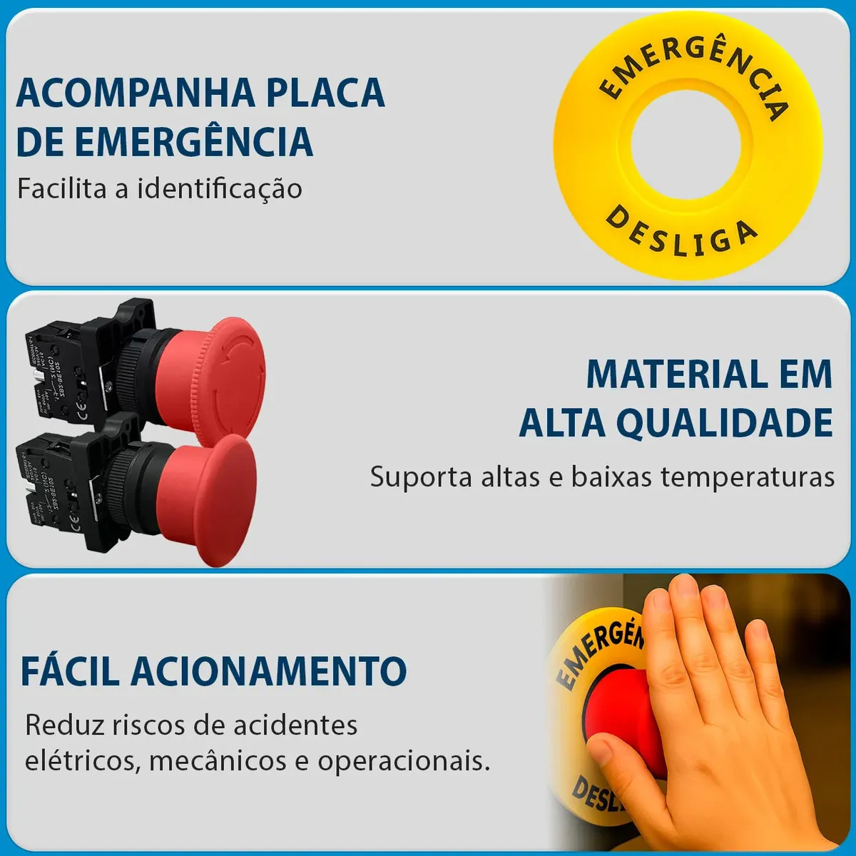 Kit Botão Emergência Cogumelo Com Trava 1nf 22mm + Placa 1un 6