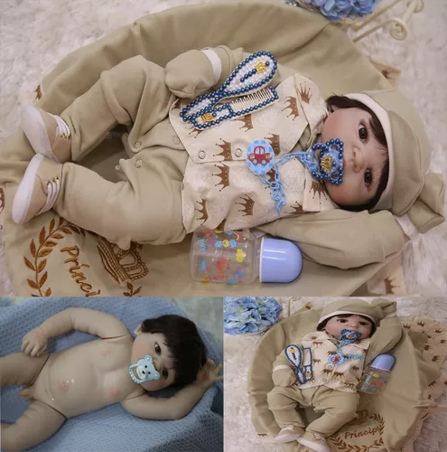 Bebê Reborn Silicone Menino 55cm + Enxoval Completo Cinza e azul