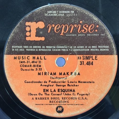 Miriam Makeba - Down On The Corner - Simple 7' - Vinilo