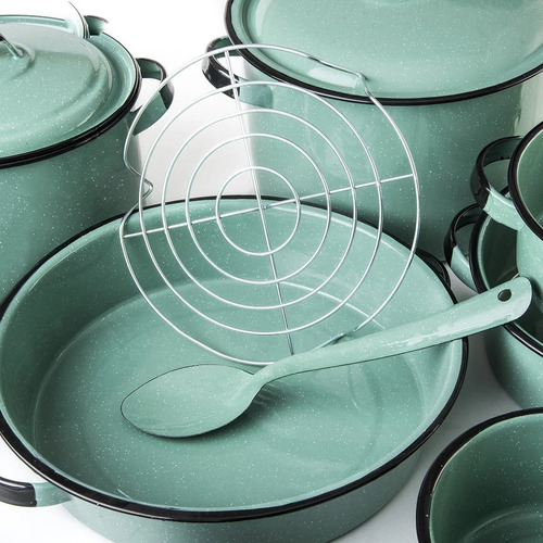 Imagen 2 de 5 de Batería De Cocina Clásico De Peltre Yaqui Plus Color Verde Jade 14 Piezas Cinsa