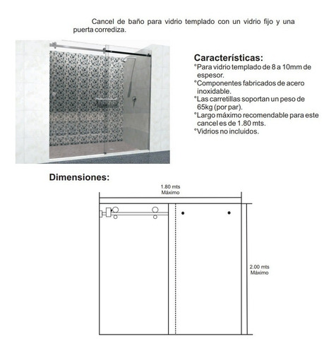 Imagen 4 de 6 de Herrajes Para Cancel De Baño Bacalar Para Vidrio Templado De 8-10 Mm Cristales No Incluidos