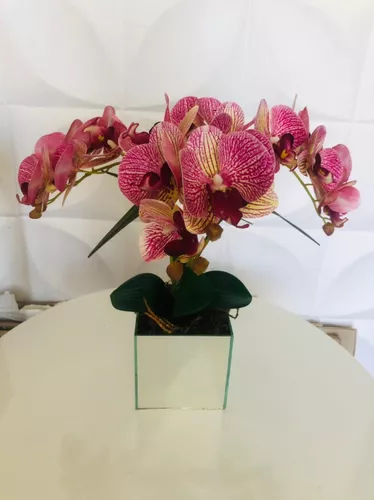 Arranjo De Orquídeas Em Silicone Com Vaso Espelhado