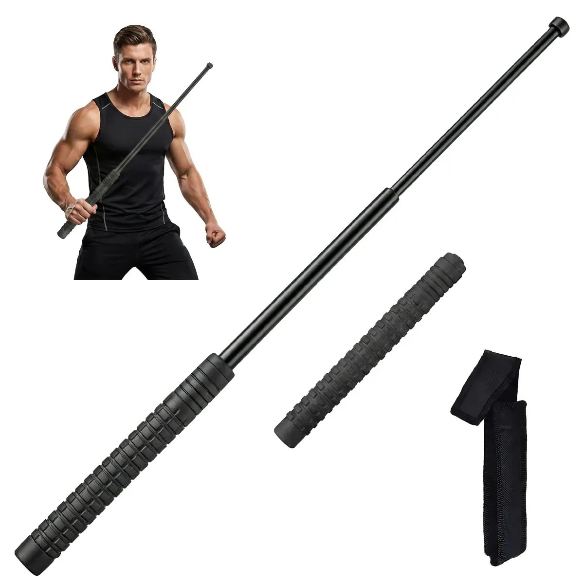 Bastón Retráctil Táctico Seguridad Defensa Personal 26-65cm, Porra Telescópica Portátil Acero con Funda, Arma De Autodefensa Antideslizante, Personal Protection Gear Resistente par