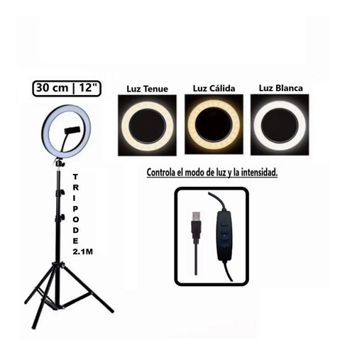 Imagen 3 de 4 de Aro Luz Led 30cm Trípode 2.10m 12 Celular Tik Tok Vivos