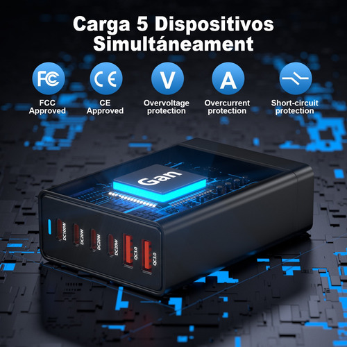 6 En 1 Cargador Rápido Tipo C 200w Gan 4 Tipo C Y 2 Usb A