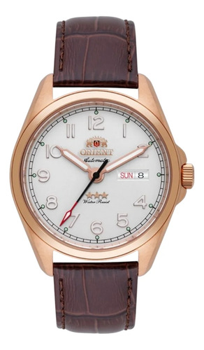 Relógio Orient Automático 3 Estrelas Yn6rc006 S2nx Correia Marrom Bisel Dourado Fundo Branco