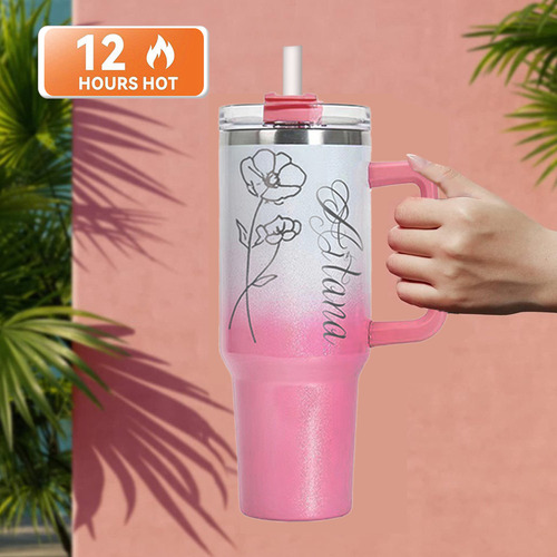 Termo 40oz Acero Con Nombre, Logo O Flores Grabado Láser Blanco Verde Personalizado