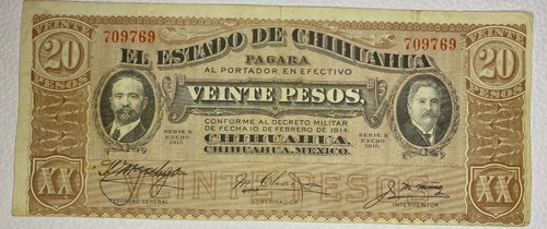 Estado De Chihuahua 20 Pesos 1914 Serie Villa Condición Vf