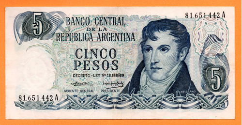 Billete 5 Pesos Ley, Bottero 2327, Año 1974 Mb+