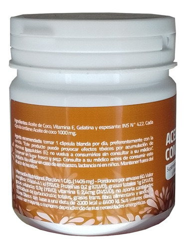 Imagen 2 de 3 de Aceite De Coco + Vit E 60 Caps- Vianatural 60 Caps