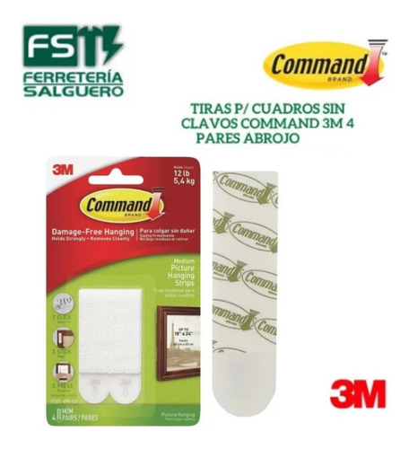 Imagen 2 de 6 de Tiras Abrojo Para Colgar Sin Clavo Cuadros Blanco Command 3m