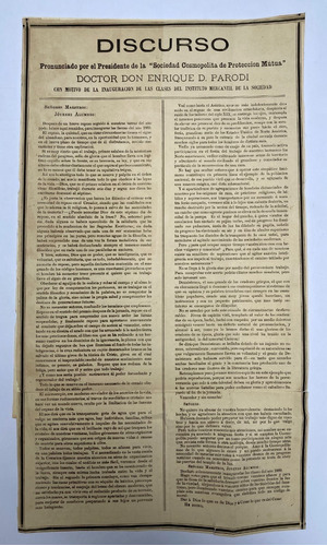 Sociedad Cosmopolita De Protección Mutua. Discurso. 1889.