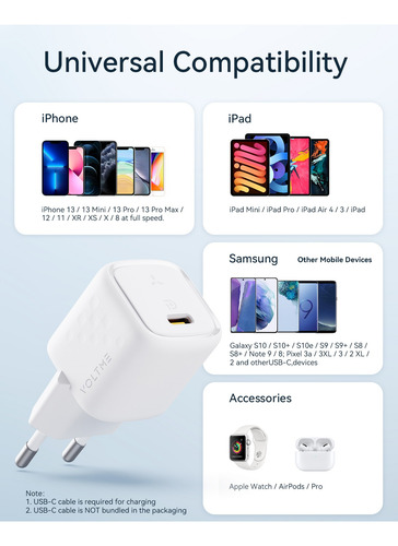 Carregador Voltme 20w + Cabo Usb C - Android, Iphone Preto