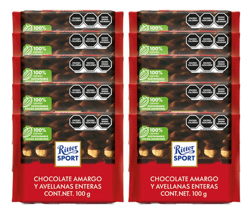 Chocolate Ritter Sport  Amargo C/avellanas 100 G X 10 Pz