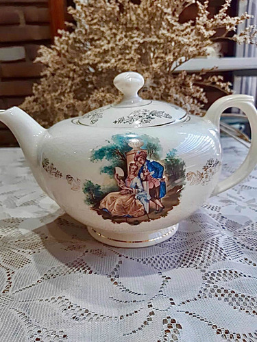Antigua Loza Escena Galante Juego Tetera Cafetera Tazas