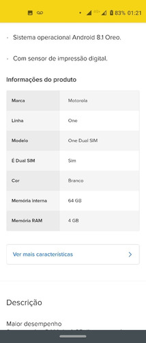 Celular Motorola Moto One Dual Sim Xt1941 64gb Branco