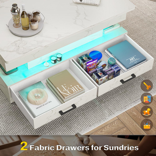 Mesa De Centro Elevable 102 Cm Con 2 Cajones Y Luz Led