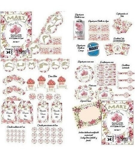 Kit Imprimible Flores Vintage Shabby 40 50 60 Años Candy Bar