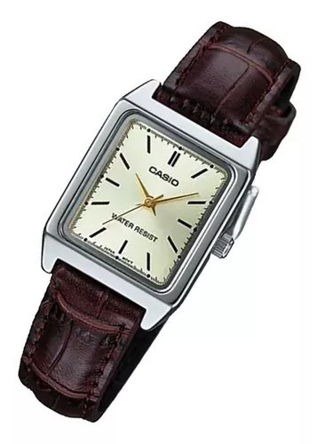 Reloj pulsera Casio LTP-V007L plateado, analógico, para mujer, fondo gris, con correa de cuero marrón, agujas doradas, dial negro, minutero negro, bisel color plateado y hebilla simple