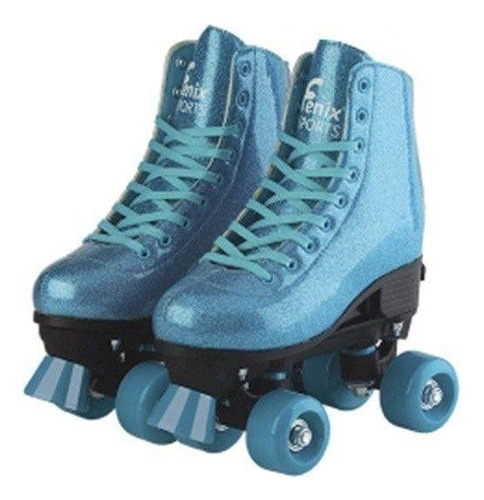 Patins Roller Skate 4 Rodas Azul Glitter Brilho 31/34 Fenix